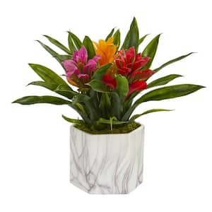 11 in. Indoor Artificial Bromeliad Plant in Marble Finished Vase