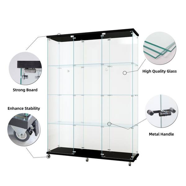 FUNKOL 66.14 in. x 47.64 in. x 14.57 in. 4-Shelf Wooden Ready to Assemble Base Display Cabinet in Black with 2 Glass Doors