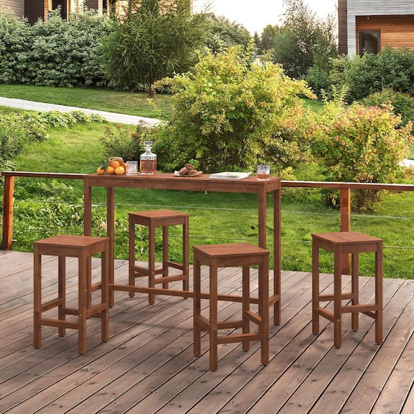 Hotormer 53 in. Teak Solid Wood Counter Height Pub Table Set with Bar Stools Dining Set Counter Indoor Outdoor Furniture 5-Pieces