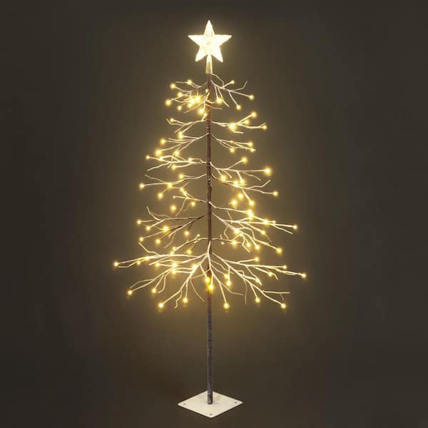 4 ft. Brown Pre-Lit LED Flocked Bare Branch Artificial Christmas Tree with 112 Warm White LED Light and Star Top