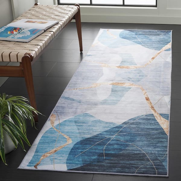 Malibu Blue/Gold 3 ft. x 8 ft. Machine Washable Abstract Modern Runner Rug