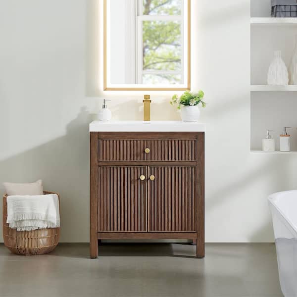 Altair Cerrito 30 in. Single Freestanding Brown Brushed Oak Bath Vanity with White Artificial Stone Top Assembled