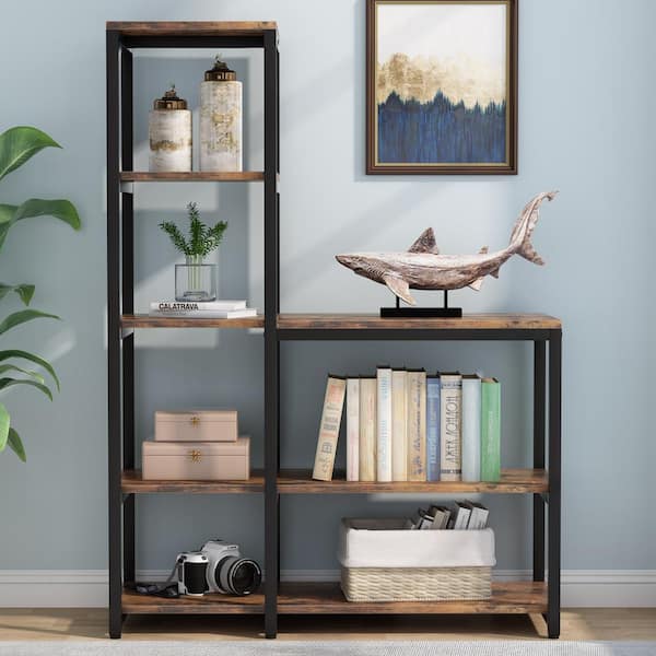 BYBLIGHT Eulas 57 in. Tall Brown Engineered Wood 5-Shelf Standard Bookcase with Storage