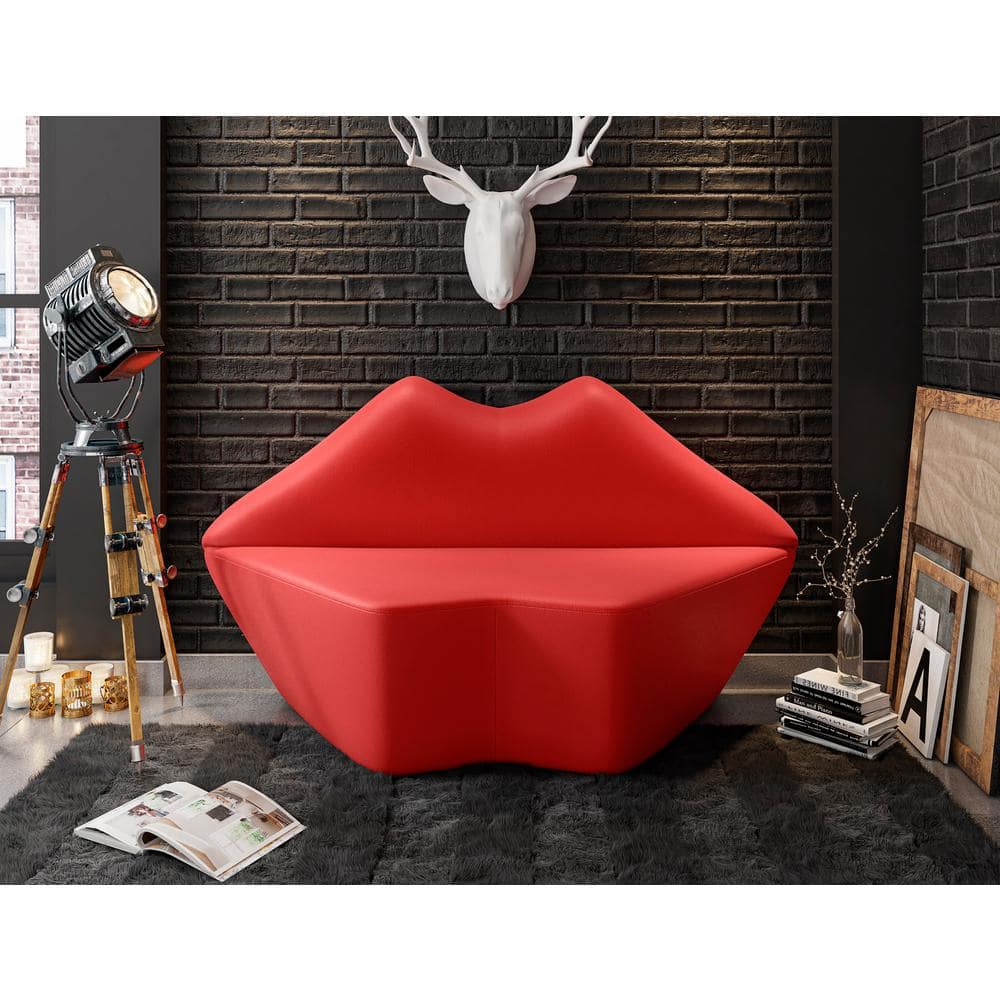 Red Faux Leather Armless Loveseat with Wood Frame