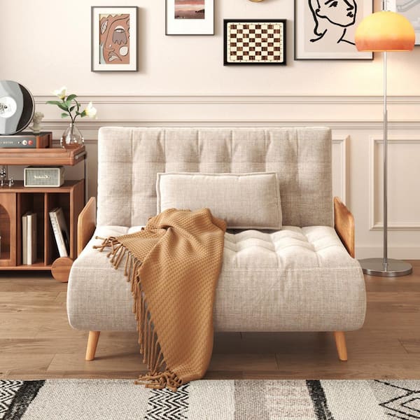 43.3 in. Beige Folding Linen Sofa Bed