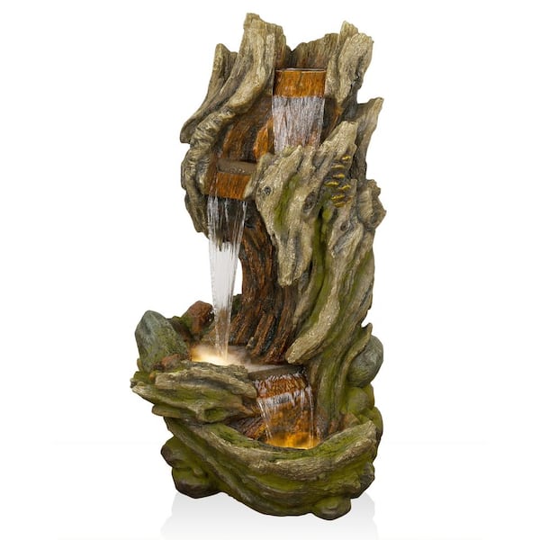 Alpine Corporation 61 in. Tall 3-Tiered Log Waterfall Fountain with Warm White LED Lights