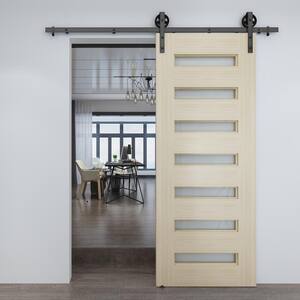 33 in. x 84 in. Milan Unfinished 7-Lite Clear Pine with Frosted Tempered Glass Inserts Interior Barn Door Slab