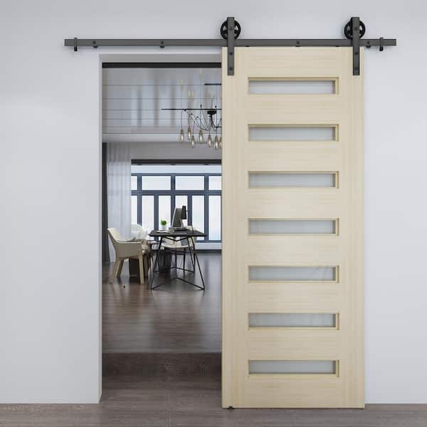 33 in. x 84 in. Milan Unfinished 7-Lite Clear Pine with Frosted Glass Barn Door Slab
