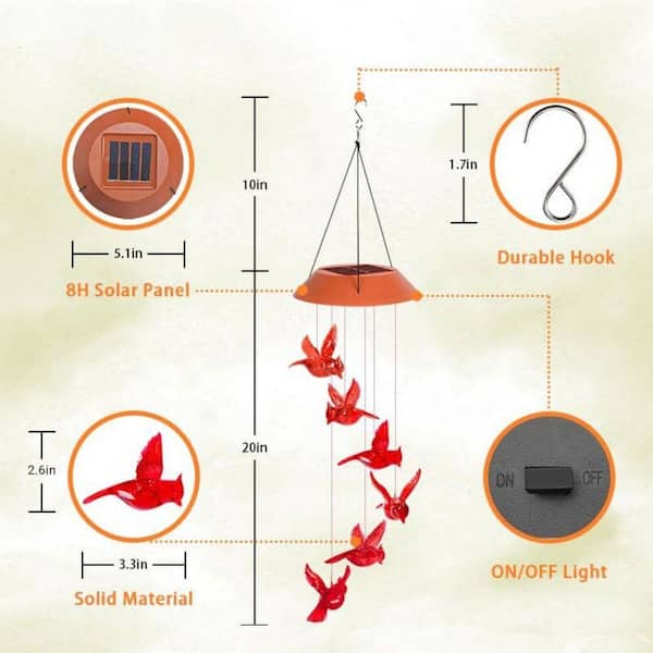 5 in. x 30 in. Plastic Solar Cardinal Bird Wind Chime HPD1XSLVWX