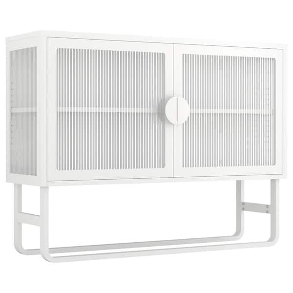 Tatahance White Steel Sideboard Buffet Cabinet with Double Tempered Glass-Doors and Adjustable Shelf