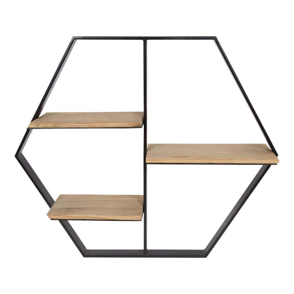 Black Hexagon Floating Wall Shelf with Wood Shelves