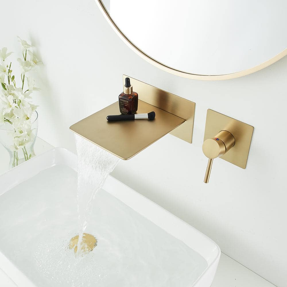 Brushed Gold Wall-Mount Single-Handle Bathroom Faucet with Shelf