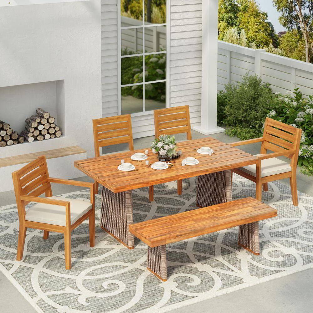 Scales 6-Piece Sandblast Solid Wood and Wicker Patio Outdoor Dining Set with Beige Cushions and Bench, Teak Finish+Brown price history on PriceWatchPro