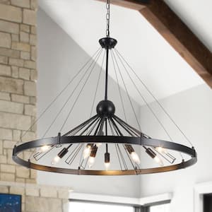 9-Light Black Wagon Wheel Linear Chandelier for Living Room with No Bulbs Included