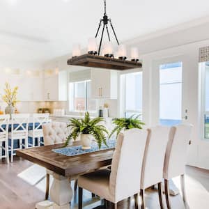 Farmhouse Kitchen Linear Wood Chandelier 8-Light Black Island Pendant Light with Gold Glitter and Frosted Glass Shades