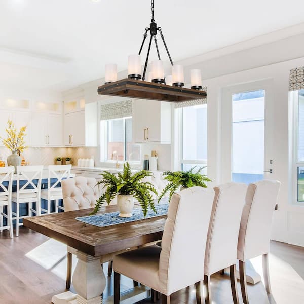 Farmhouse Kitchen Linear Wood Chandelier 8-Light Black Island Pendant Light with Gold Glitter and Frosted Glass Shades