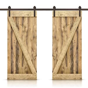 Z 44 in. x 84 in. Bar Series Weather Oak Stained DIY Solid Pine Wood Interior Double Sliding Barn Door with Hardware Kit