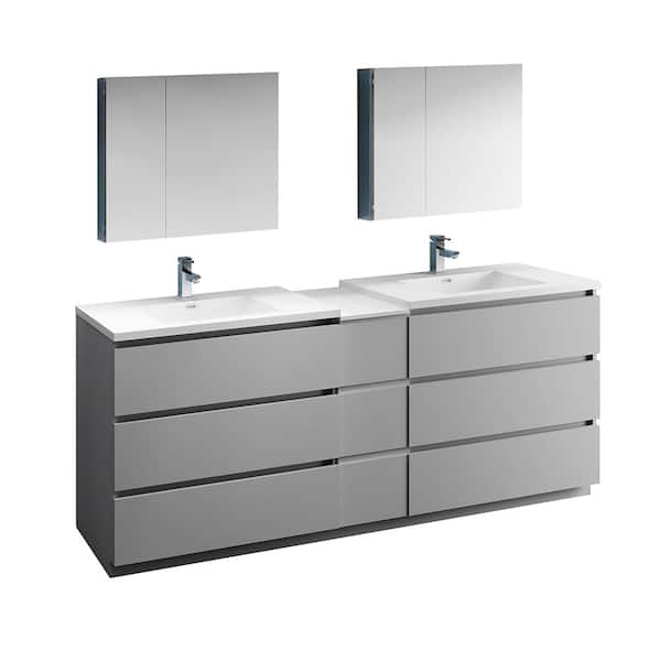 Fresca Lazzaro 84 in. Modern Double Bathroom Vanity in Gray with Vanity Top in White with White Basins and Medicine Cabinet