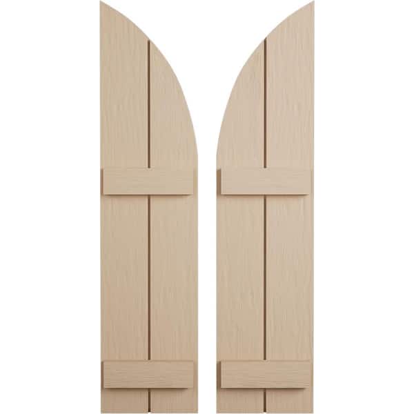Ekena Millwork 11 in. x 46 in. Polyurethane Rough Sawn Two Board joined Board-n-Batten Quarter Arch Top Shutters Primed Tan