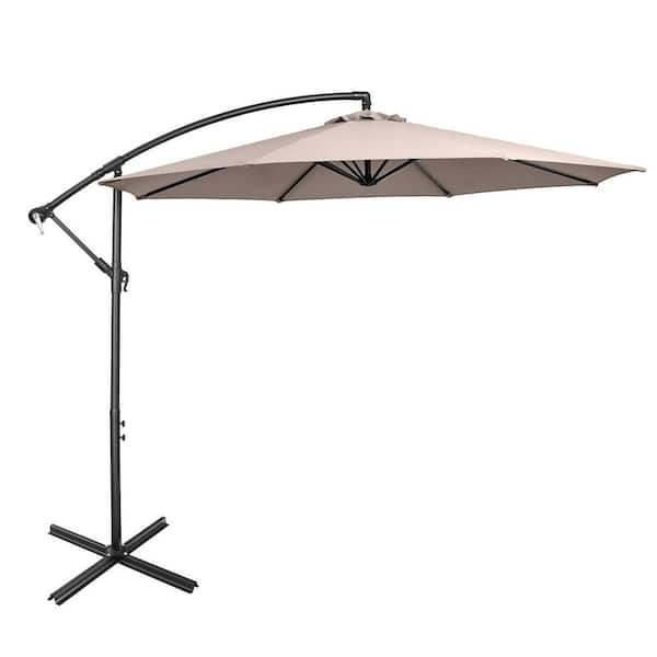 ANGELES HOME 10 ft. Iron Cantilever Tilt Offset Patio Umbrella with 8 Ribs Cantilever and Cross Base Adjustment in Brown