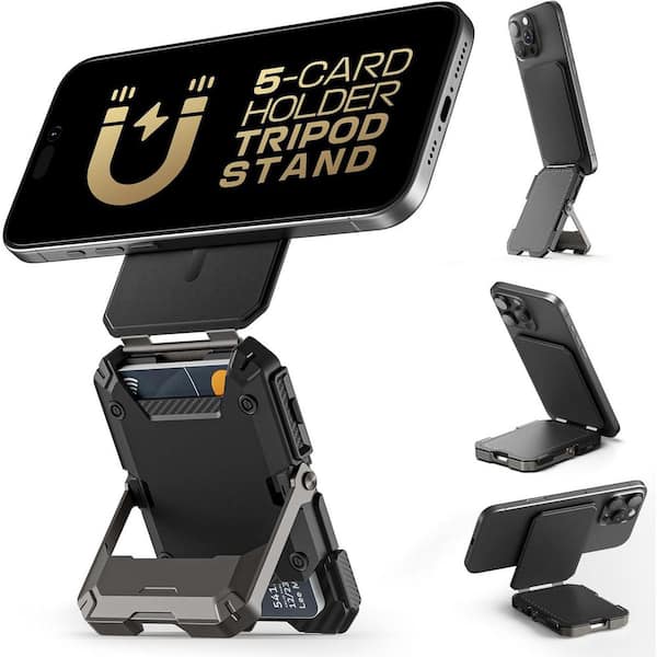 OBJLGEV Magnetic Wallet Stand for iPhone 16/15/14/13/12 Series Holds 5 Cards Adjustable Stand RFID Blocking Black