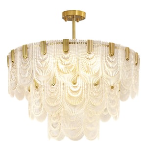 31.5 in. 12-Light Semi Flush Mount Ceiling Light, Brass Crystal Ceiling Light with 3-Tier Glass Shade, Bulbs Included