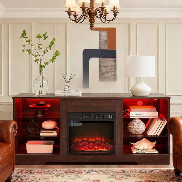 58 in. Freestanding Wood TV Stand Electric Fireplace Glass Shelves with LED Lights and USB Charging Outlet in Brown