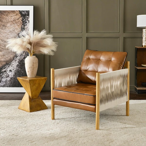 28.7 in. W Coffee Top-grain Genuine Leather Accent Chair Set of 1 with Fabric Tape Wrapped Arms