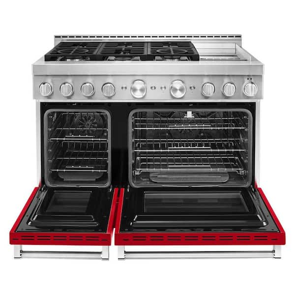 Viking 48 Inch Red and Stainless Steel Gas Range, Griddle, Grill