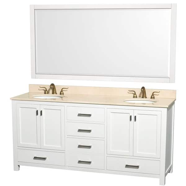 Wyndham Collection Abingdon 73 in. Double Vanity in White with Marble Vanity Top in Ivory and Mirror-DISCONTINUED