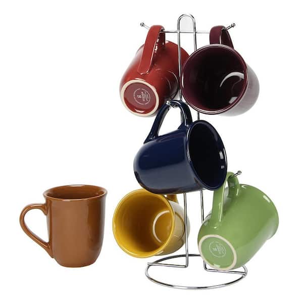 Imperial Home Ceramic Color 15 oz. Mug set With Metal Tree Stand Rack Colors
