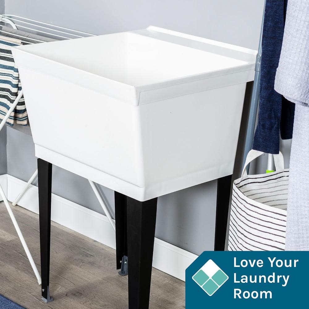 White Freestanding Utility Sink with Black Metal Legs