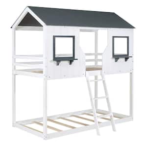 Twin over Twin Bunk Bed Wood Bed with Roof, Window, Guardrail, Ladder (White)