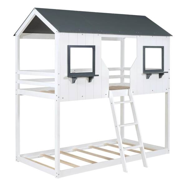 Polibi Twin over Twin Bunk Bed Wood Bed with Roof, Window, Guardrail, Ladder (White)
