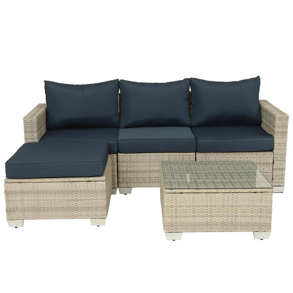 5 -Piece Gray White Wicker Outdoor Sectional Sofa Set with Dark Blue Cushio
