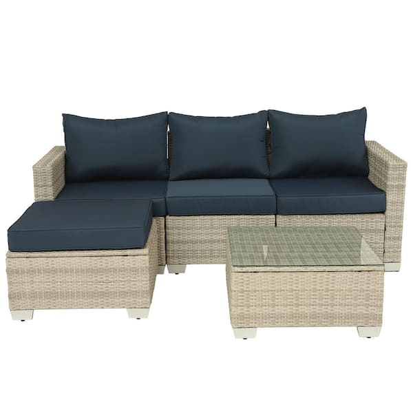 Unbranded 5 -Piece Gray White Wicker Outdoor Sectional Sofa Set with Dark Blue Cushion