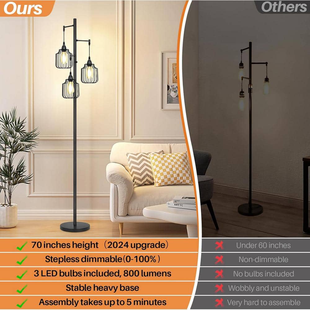 Black Industrial Dimmable Metal Torchiere Floor Lamp with Edison Bulbs