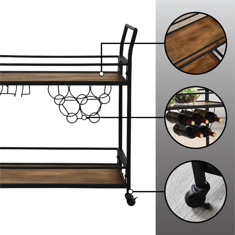 Black and Brown Industrial Bar Cart with Wine Rack