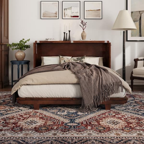 Charleston Walnut Brown Wood Frame Full Murphy Bed Chest with 6 in. Mattress