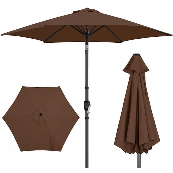Yaheetech 9 ft. Patio Umbrella 95 in. H 6-Ribs Market Umbrella with Push Button Tilt and Crank, Brown