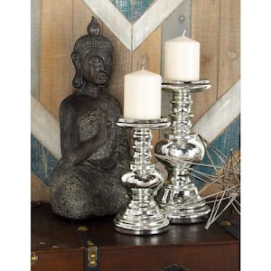 Silver Glass Handmade Turned Style Pillar Candle Holder (Set of 2)