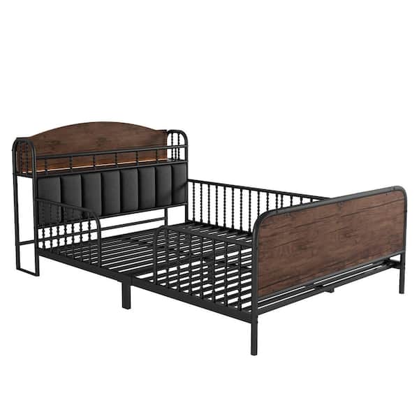 Xandrelle Black Metal Frame Full Size Platform Bed with Velvet Upholstered and Storage Headboard, Guard Rails