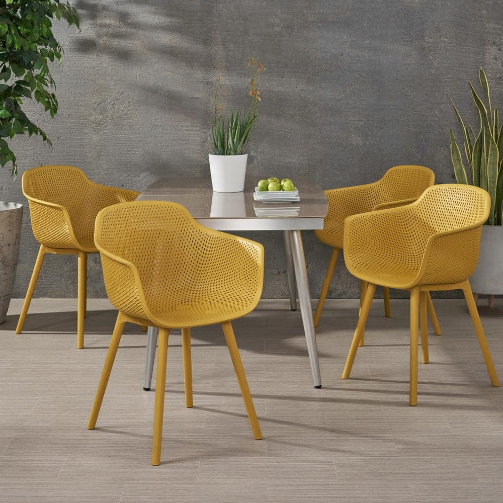 Noble House Lotus Yellow Curved Faux Rattan Outdoor Patio Dining