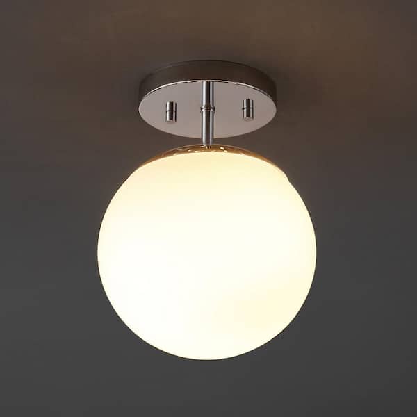 Marcel Bistro 7.75 in. 1-Light Bohemian Farmhouse Iron/Frosted Glass LED Semi Flush Mount, Chrome/White