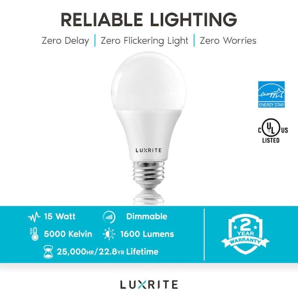 Luxrite A19 LED Light Bulb 100 Watt Equivalent CRI90 5CCT Dimmable 1600lm 15W E26 ETL 6 Pack LR21479