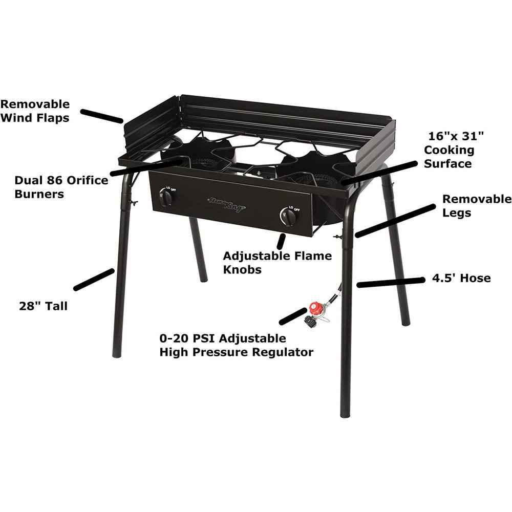 Flame King Black 2-Burner Propane Camp Stove with Windscreen