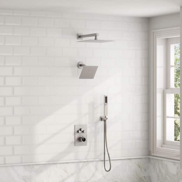 7-Spray 12 in. and 6 in. Dual Wall Mount Shower Head and Handheld Shower Head 2.5 GPM in Brushed Nickel Valve Included