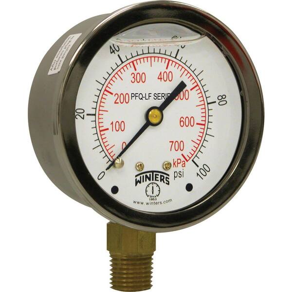 Winters Instruments PFQ-LF 4 in. Lead-Free Brass Stainless Steel Liquid Filled Pressure Gauge with 1/4 in. NPT BTM and 0-100 psi/kPa