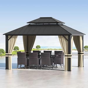 12 ft. x 14 ft. Gray Metal Hardtop Gazebo with Double Roof Pergola, Netting and Curtain Cream