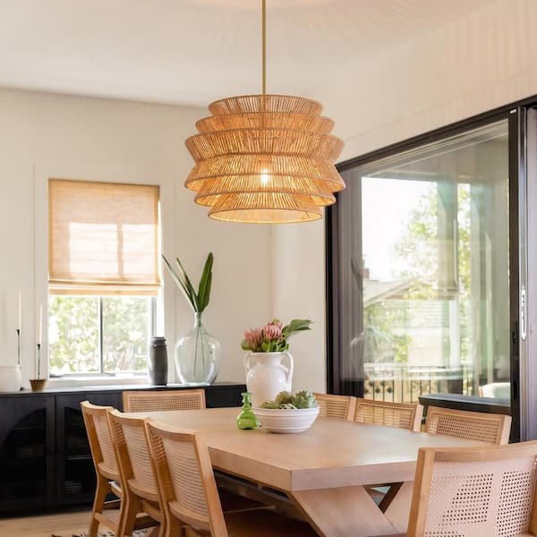 1-Light 17 in. Gold Rattan Pendant Light,Hand-Woven Rustic Wicker Hanging Light (E26 Bulbs Not Included)